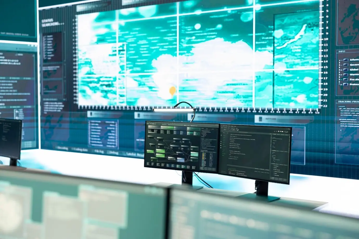 Hochmoderner staatlicher Cyber-Sicherheitsraum ohne Personal im Dienst.