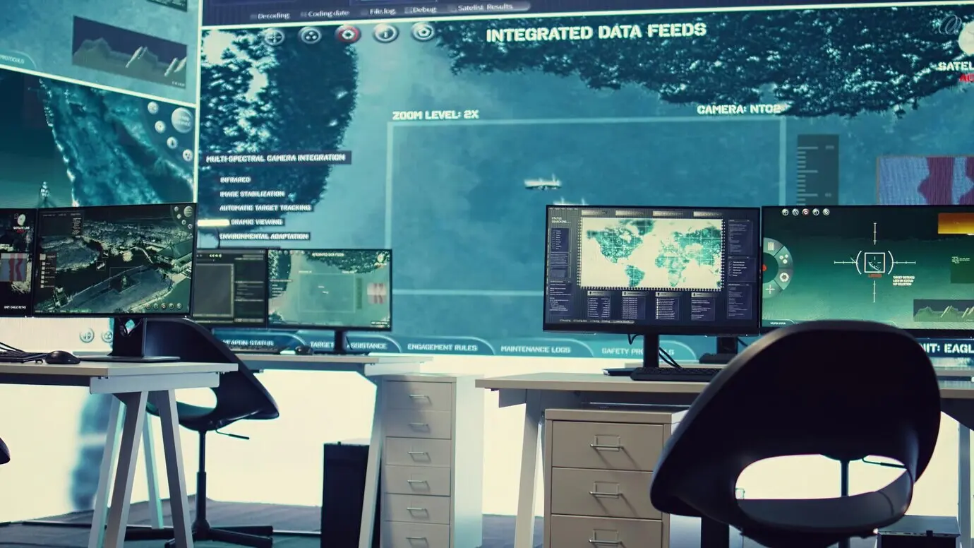 Leerer Einsatzraum des nationalen Geheimdienstes, der zur Verfolgung von Sicherheitswarnungen genutzt wird.